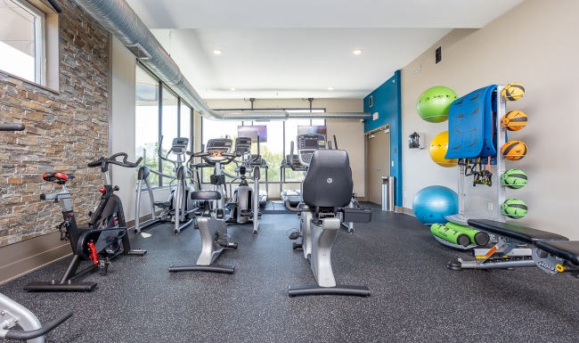 Workout in our 24-fitness center Fitness center with workout and yoga equipment