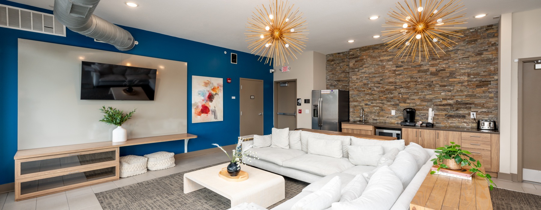 Modern clubhouse with blue accent wall