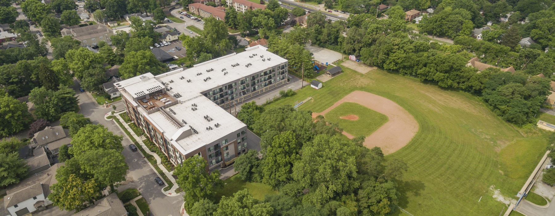 Drone view of Park 66 Apartments in Indianapolis